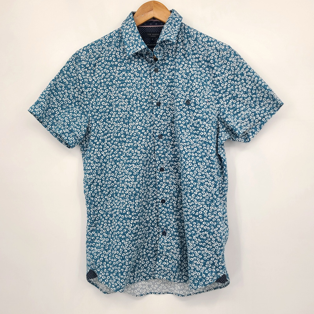 Ted Baker London Parslee Blue White Ditsy Floral SS Button Up Shirt Size 2 / SM